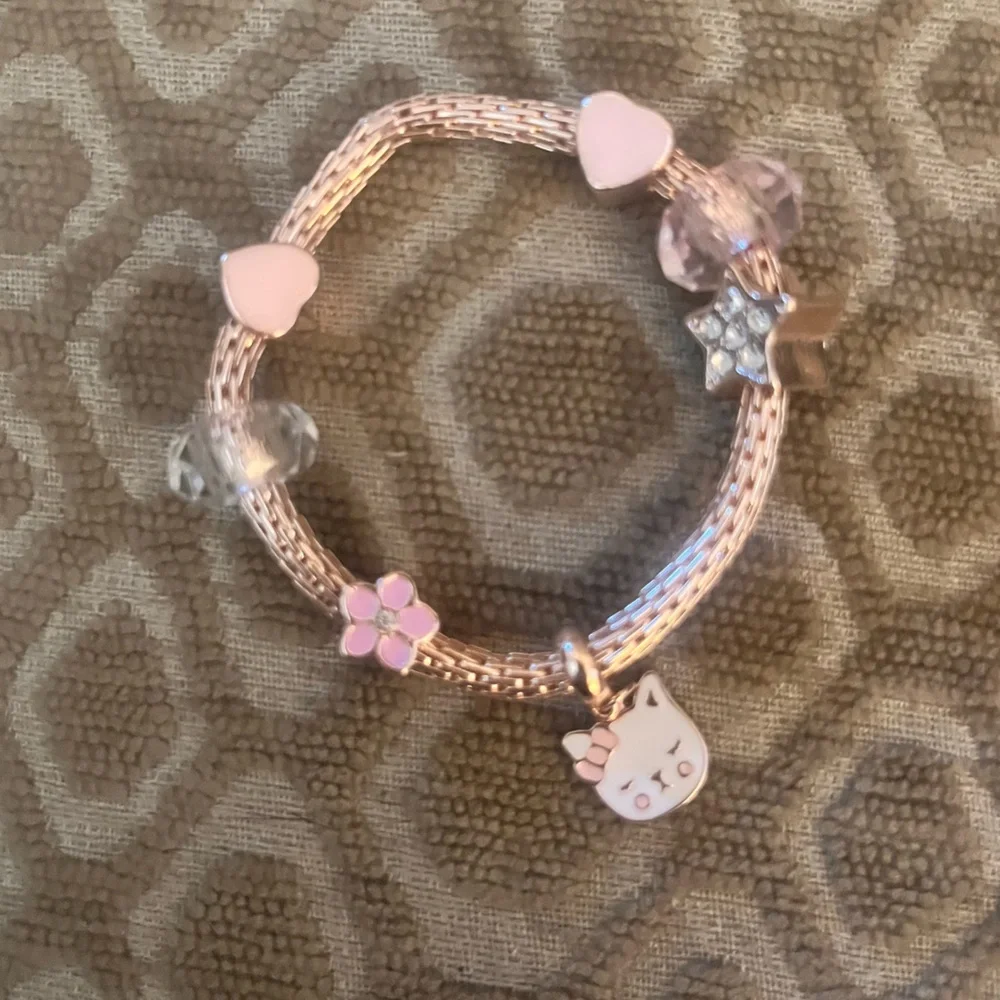 (kids) 🎉Rose Gold Cat Heart Star Crystal Charm Bracelet & Cat Ring